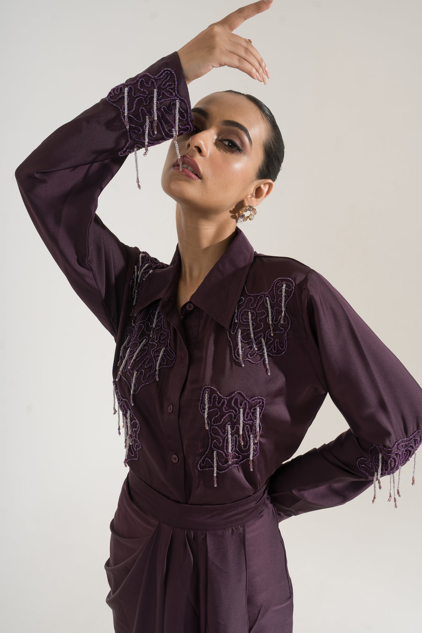 Wine Drape Embellished Shirt Dress