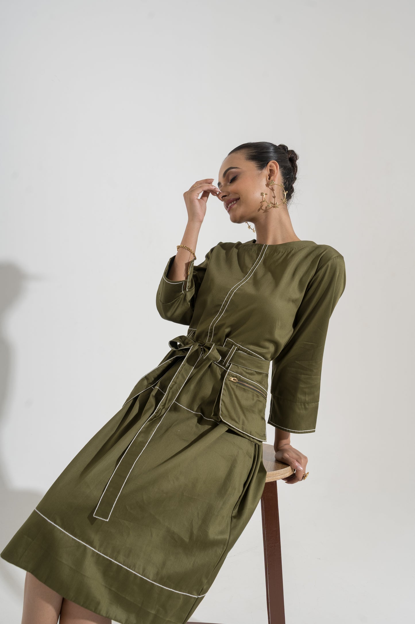 Olive Line Belted Dress