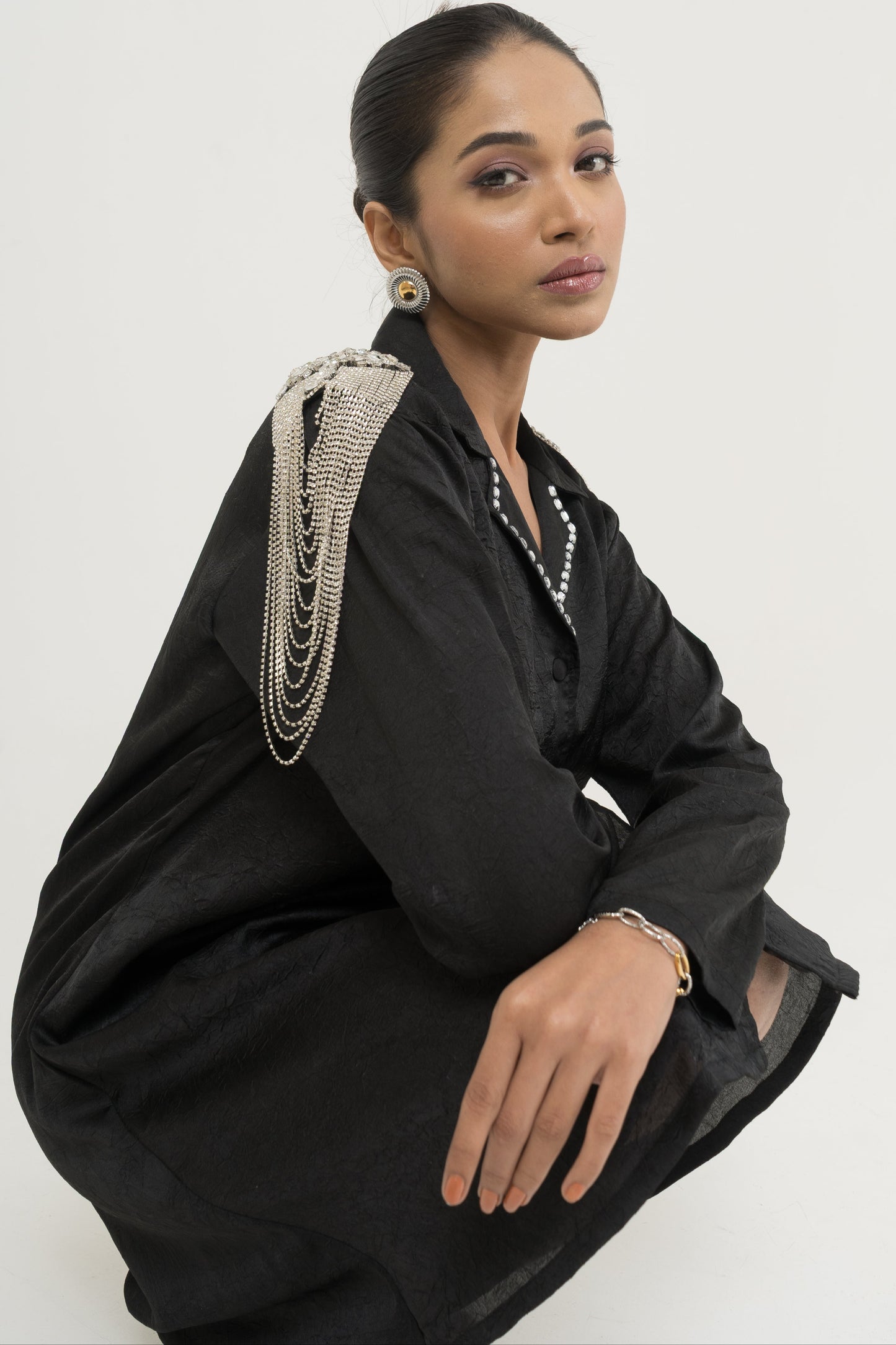 Shadow Drape Embellished Shirt Dress