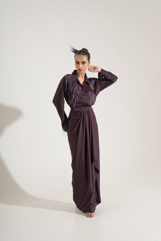 Wine Drape Embellished Shirt Dress