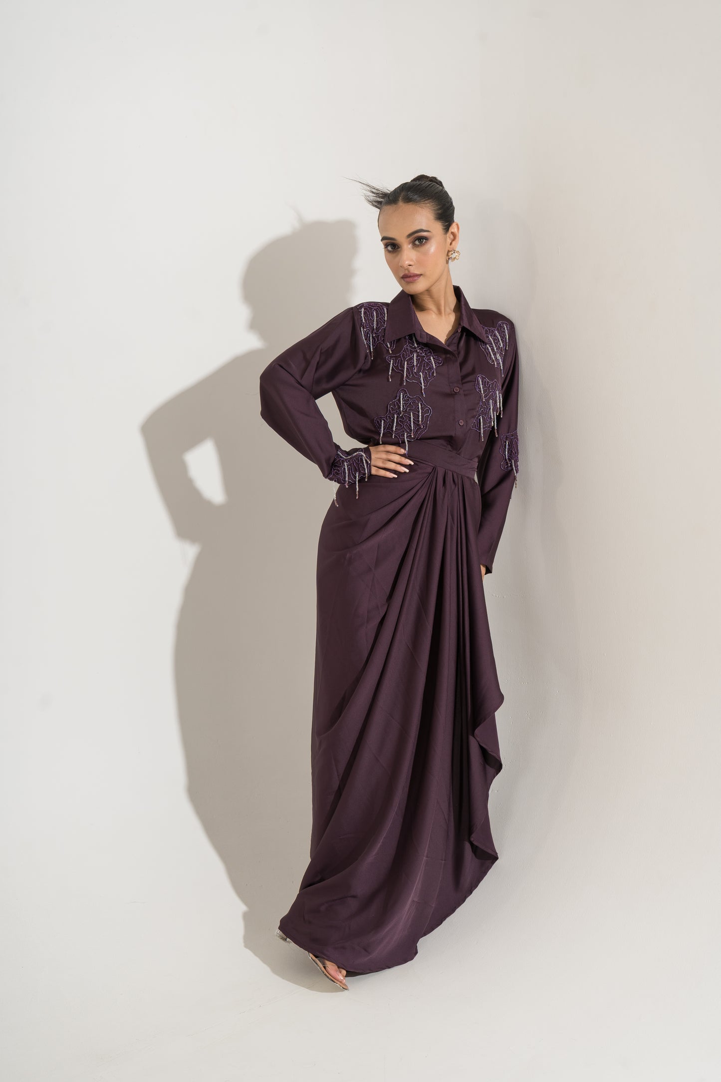 Wine Drape Embellished Shirt Dress
