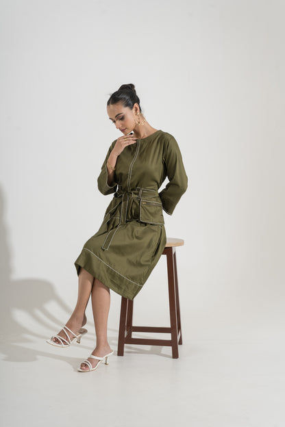 Olive Line Belted Dress