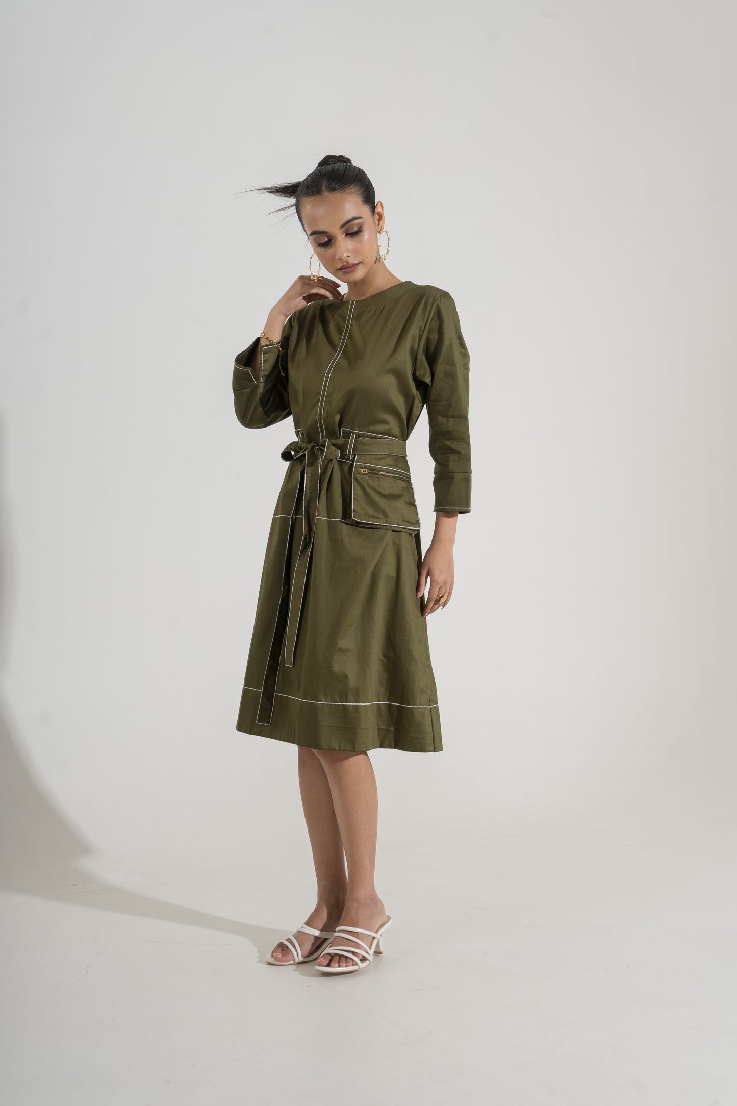 Olive Line Belted Dress