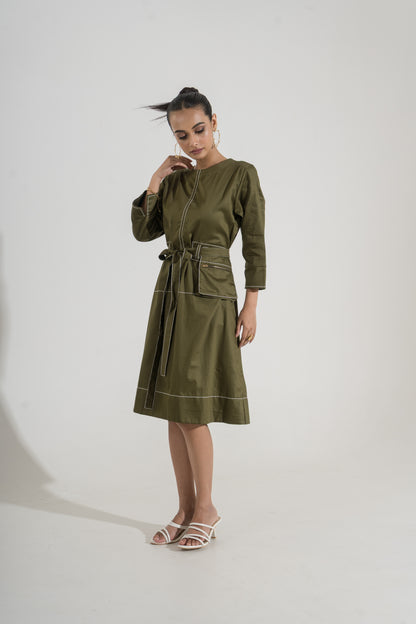 Olive Line Belted Dress