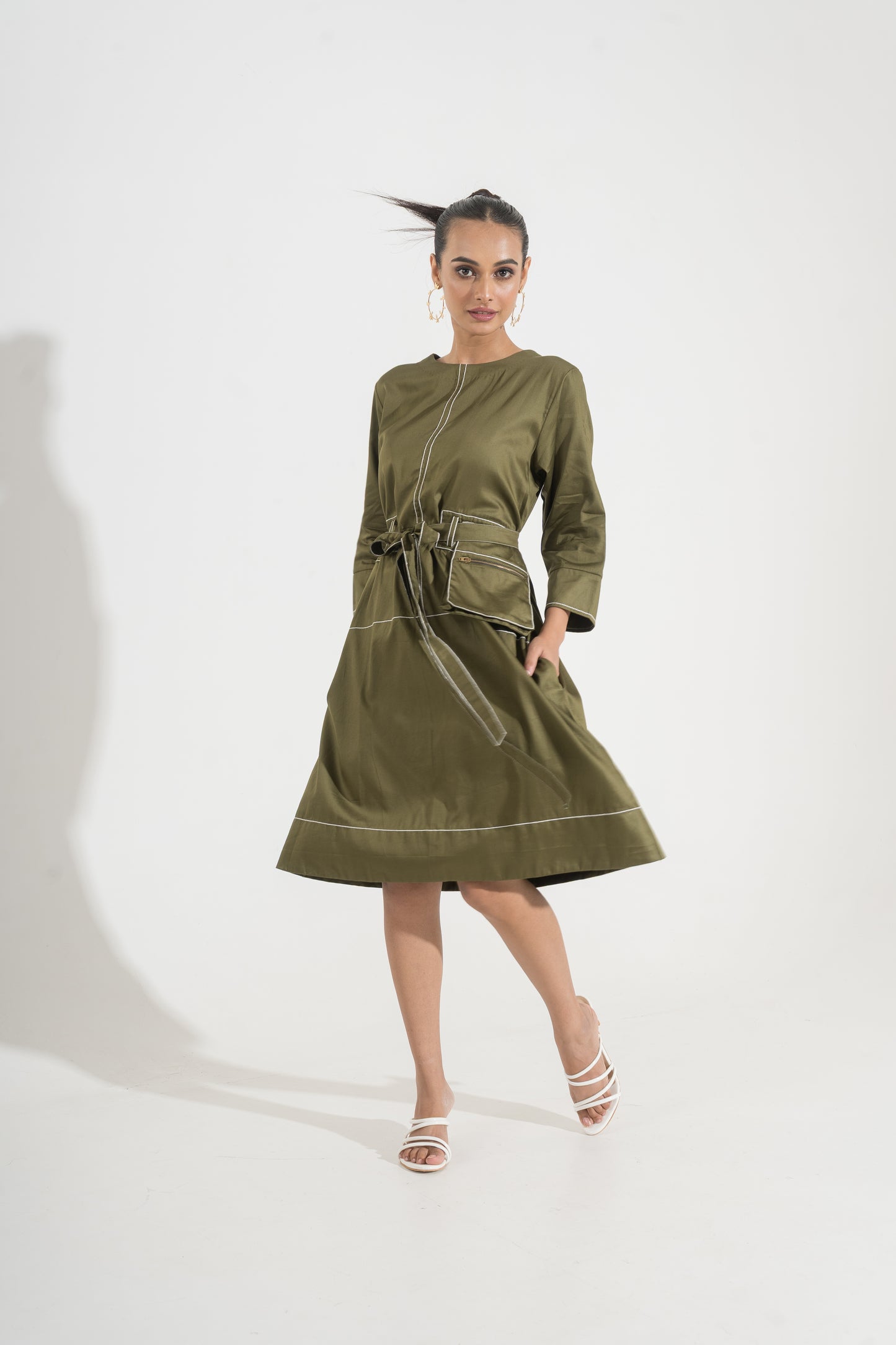 Olive Line Belted Dress
