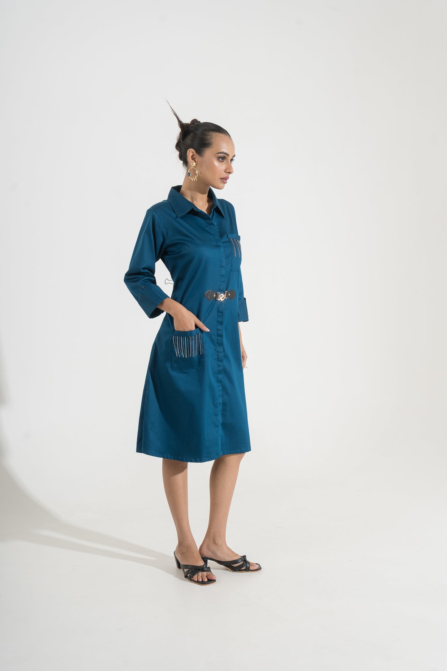 Teal Tempo Belted Shirt Dress