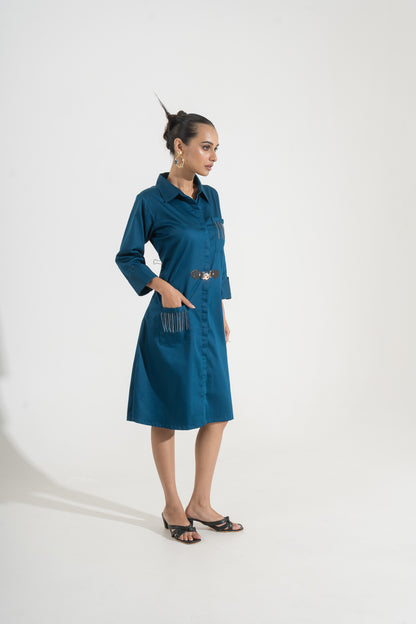 Teal Tempo Belted Shirt Dress