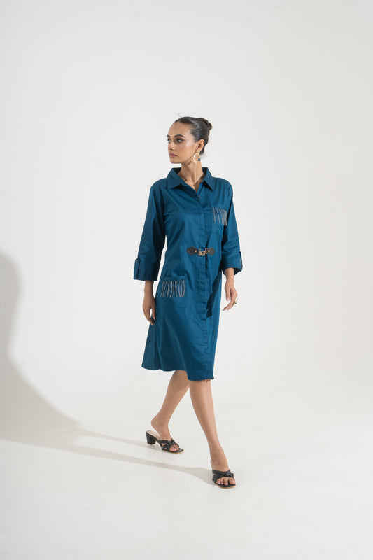 Teal Tempo Belted Shirt Dress
