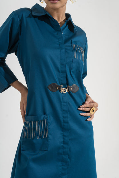 Teal Tempo Belted Shirt Dress