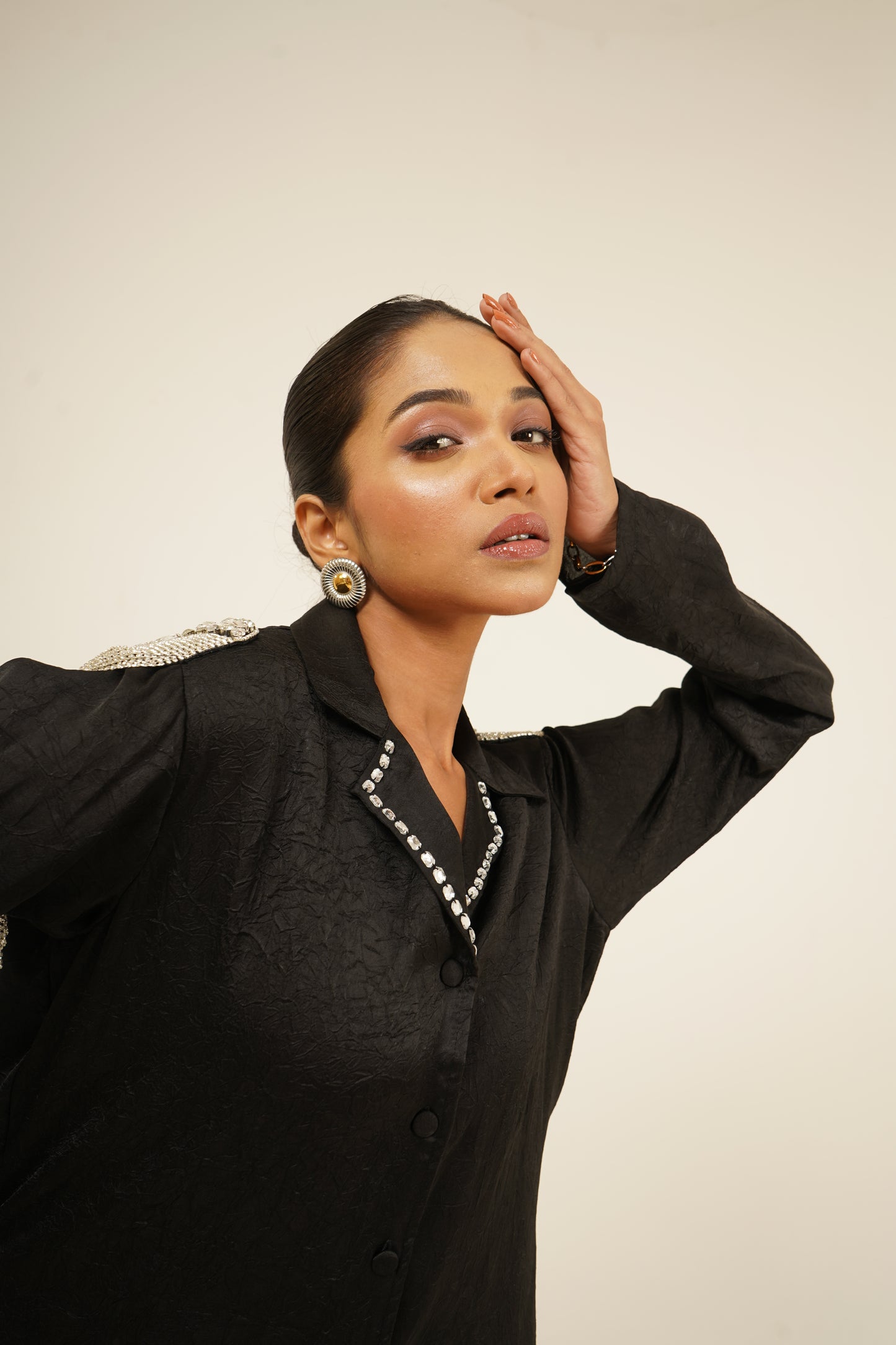 Shadow Drape Embellished Shirt Dress